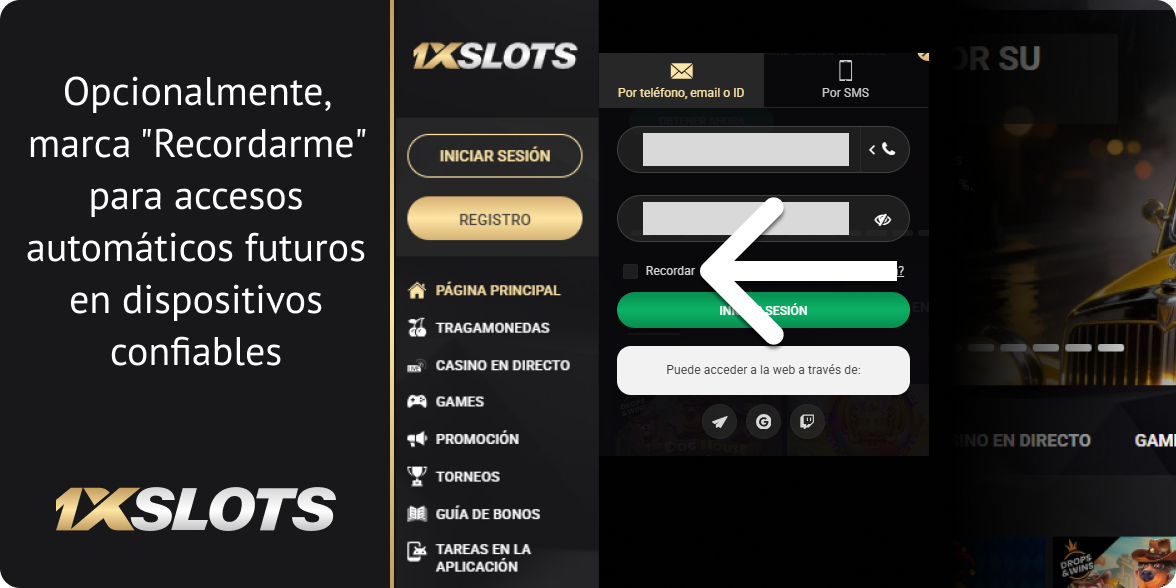 Opcionalmente, haga clic en 'Recordarme' para permanecer conectado - Iniciar sesión en 1xSlots Argentina